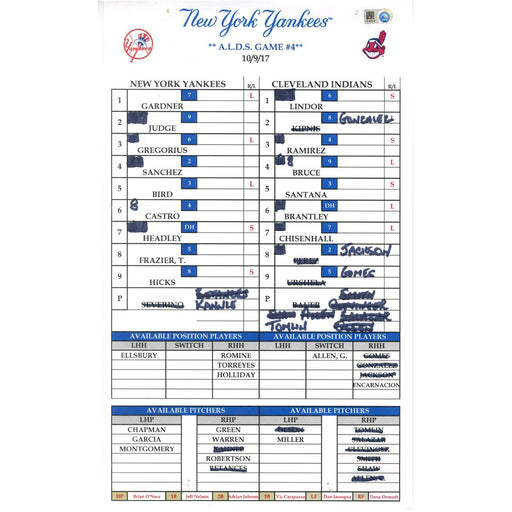 New York Yankees at Cleveland Indians 10-09-2017 Game Used Lineup Card (JD465276) ALDS Game #4