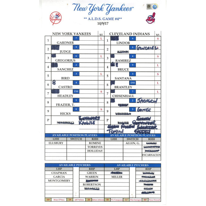 New York Yankees at Cleveland Indians 10-09-2017 Game Used Lineup Card (JD465276) ALDS Game #4