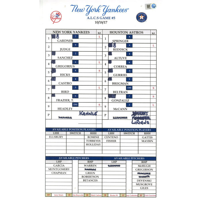 Houston Astros at New York Yankees ALCS Game #5 Game Used Lineup Card (10/18/2017)(JB769919)