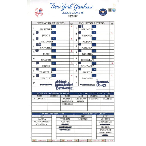 New York Yankees at Houston Astros ALCS Game #6 Game Used Lineup Card (10/20/2017)(JB906297)