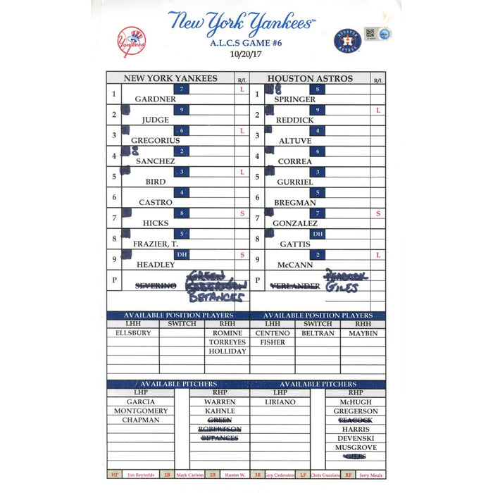 New York Yankees at Houston Astros ALCS Game #6 Game Used Lineup Card (10/20/2017)(JB906297)