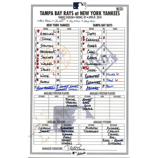 Tampa Bay at Yankees 4-3-2018 Game Used Lineup Card (JB743011)