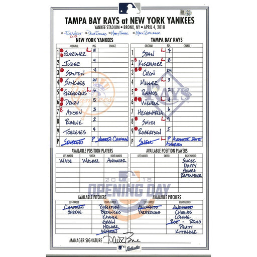 Tampa Bay at Yankees 4-4-2018 Game Used Lineup Card (JB833334) (Stanton-Judge-Sanchez Home Runs)