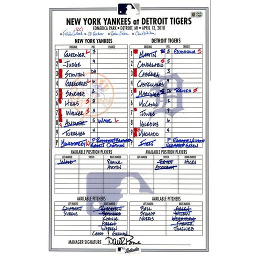 Yankees at Detroit 4-13-2018 Game Used Lineup Card (JD459101)