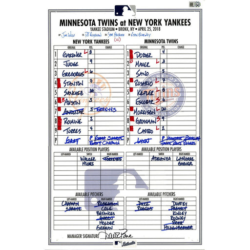 Minnesota at Yankees 4-25-2018 Game Used Lineup Card (JB734308)