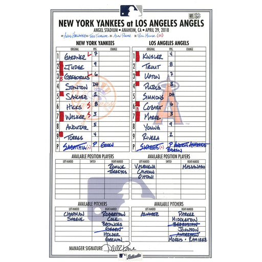 Yankees at Angels 4-29-2018 Game Used Lineup Card