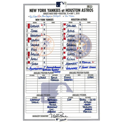 Yankees at Astros 5-1-2018 Game Used Lineup Card