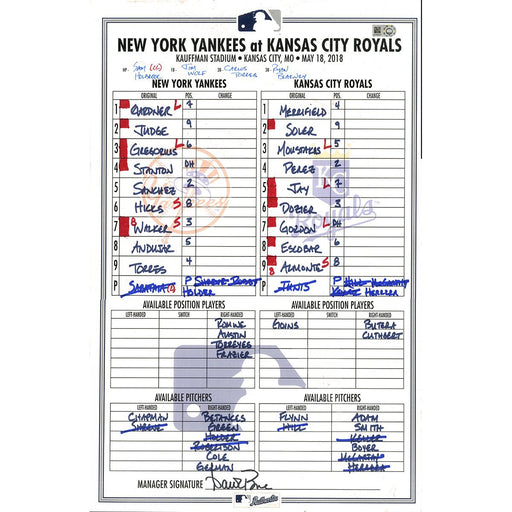 Yankees at Royals 5-18-2018 Game Used Lineup Card