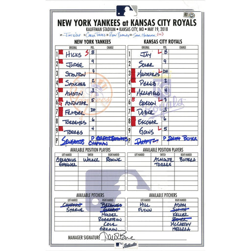 Yankees at Royals 5-19-2018 Game Used Lineup Card