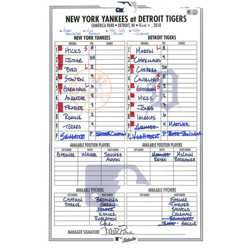 Yankees at Tigers 6-4-2018 Game Used Lineup Card (GAME 1)