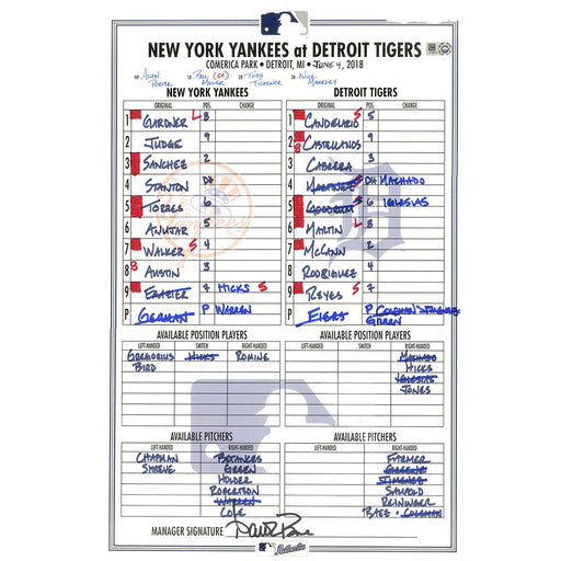 Yankees at Tigers 6-4-2018 Game Used Lineup Card (GAME 2)