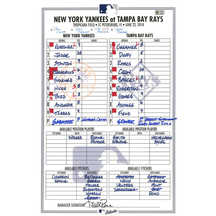 Yankees at Rays 6-22-2018 Game Used Lineup Card