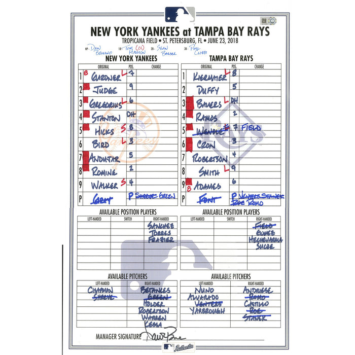 Yankees at Rays 6-23-2018 Game Used Lineup Card