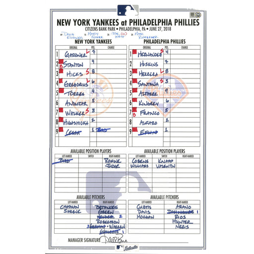 Yankees at Phillies 6-27-2018 Game Used Lineup Card