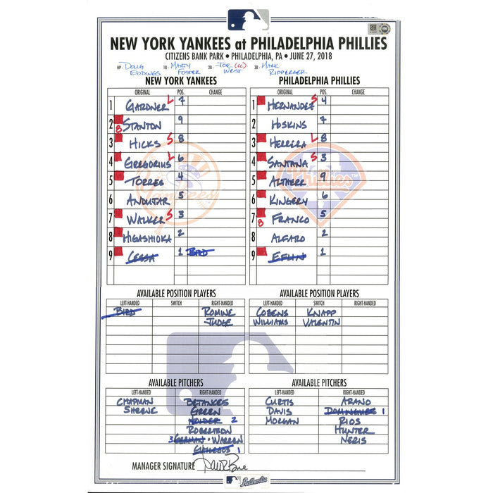 Yankees at Phillies 6-27-2018 Game Used Lineup Card