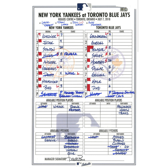 Yankees at Blue Jays 7-7-2018 Game Used Lineup Card