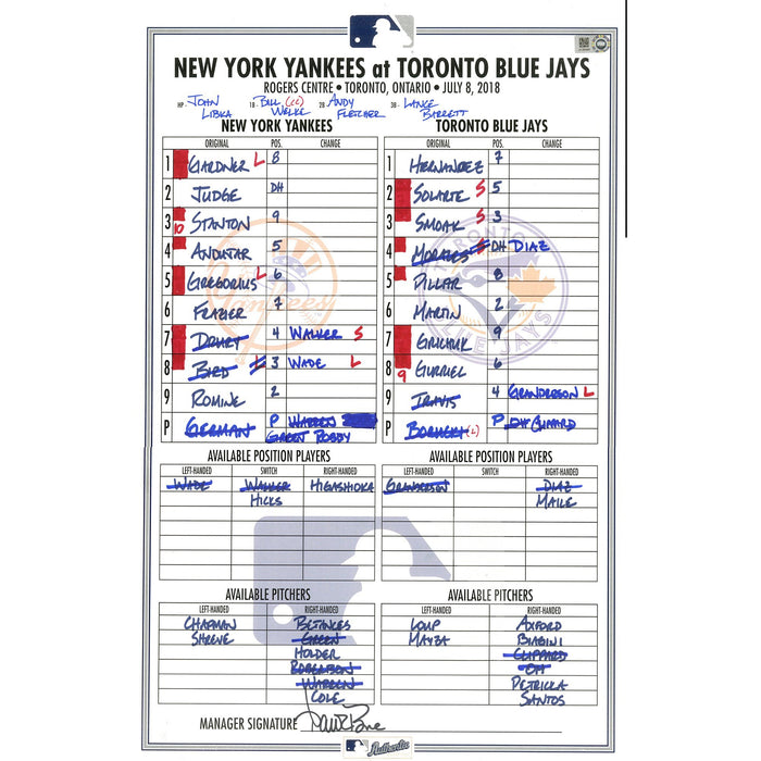 Yankees at Blue Jays 7-8-2018 Game Used Lineup Card