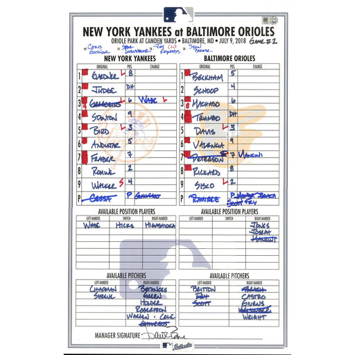 Yankees at Orioles 7-9-2018 Game Used Lineup Card