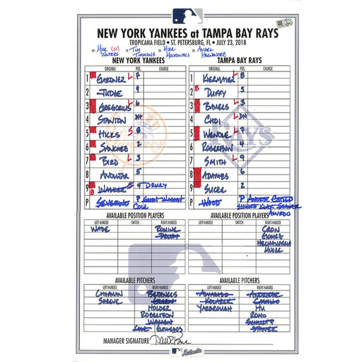 Yankees at Rays 7-23-2018 Game Used Lineup Card