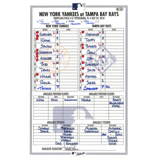 Yankees at Rays 7-24-2018 Game Used Lineup Card