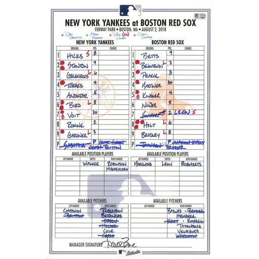 Yankees at Red Sox 8-2-2018 Game Used Lineup Card