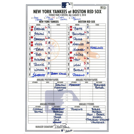 Yankees at Red Sox 8-3-2018 Game Used Lineup Card