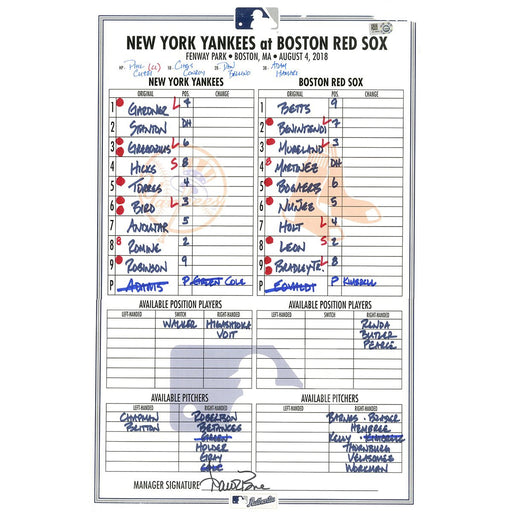 Yankees at Red Sox 8-4-2018 Game Used Lineup Card