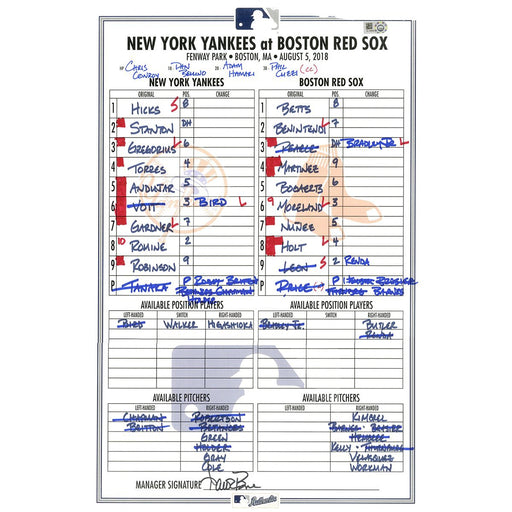 Yankees at Red Sox 8-5-2018 Game Used Lineup Card