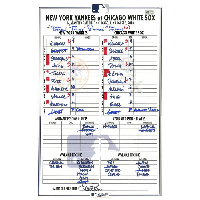 Yankees at White Sox 8-6-2018 Game Used Lineup Card
