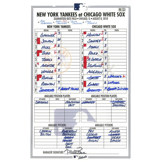 Yankees at White Sox 8-8-2018 Game Used Lineup Card