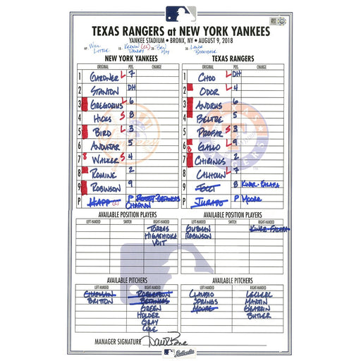 Rangers at Yankees 8-9-2018 Game Used Lineup Card