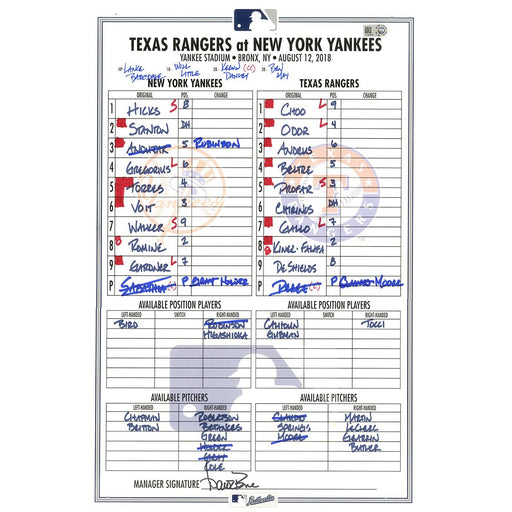 Rangers at Yankees 8-12-2018 Game Used Lineup Card