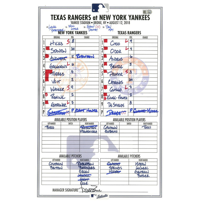 Rangers at Yankees 8-12-2018 Game Used Lineup Card