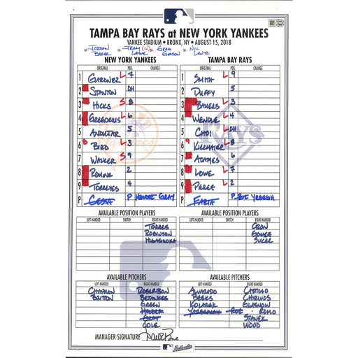 Rays at Yankees 8-15-2018 Game Used Lineup Card