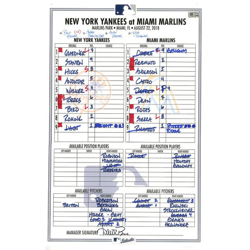 Yankees at Marlins 8-22-2018 Game Used Lineup Card