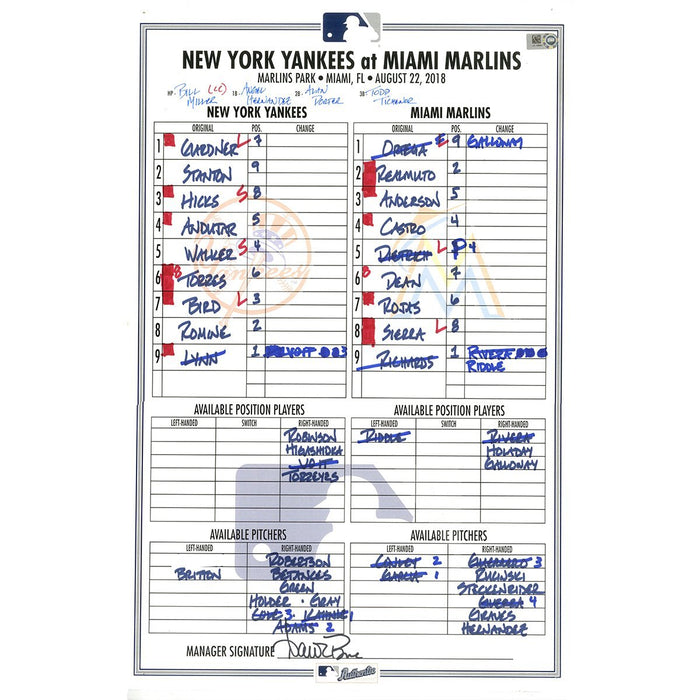 Yankees at Marlins 8-22-2018 Game Used Lineup Card
