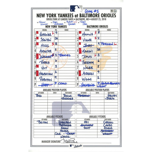 Yankees at Orioles 8-25-2018 Game Used Lineup Card