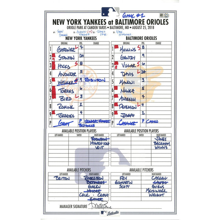 Yankees at Orioles 8-26-2018 Game Used Lineup Card