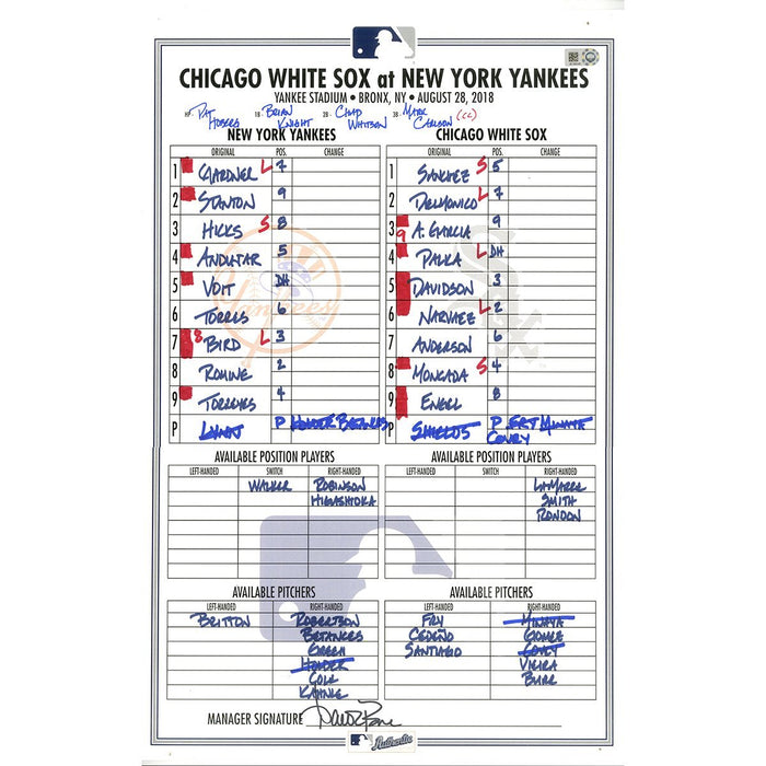 White Sox at Yankees 8-28-2018 Game Used Lineup Card