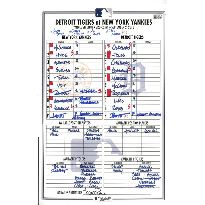 Tigers at Yankees 9-2-2018 Game Used Lineup Card