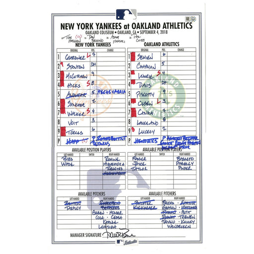 Yankees at Athletics 9-4-2018 Game Used Lineup Card