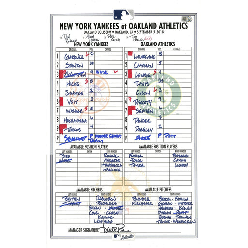 Yankees at Athletics 9-5-2018 Game Used Lineup Card