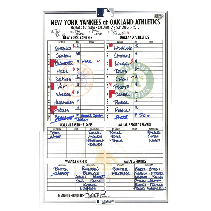 Yankees at Athletics 9-5-2018 Game Used Lineup Card