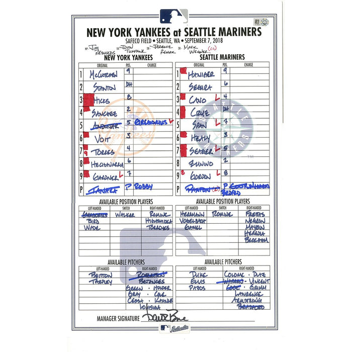 Yankees at Mariners 9-7-2018 Game Used Lineup Card