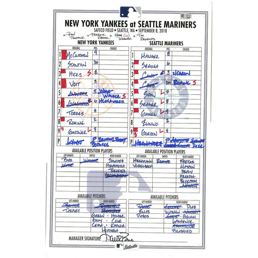 Yankees at Mariners 9-8-2018 Game Used Lineup Card