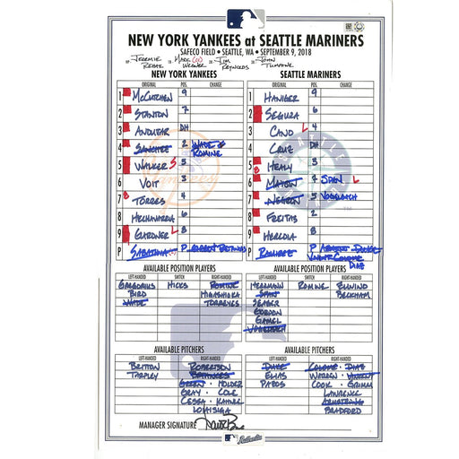 Yankees at Mariners 9-9-2018 Game Used Lineup Card