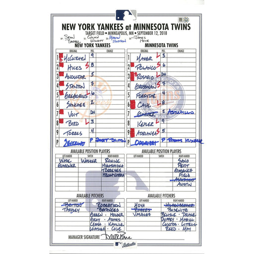 Yankees at Twins 9-12-2018 Game Used Lineup Card