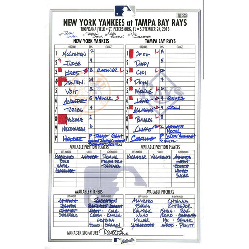 Yankees at Rays 9-24-2018 Game Used Lineup Card (JD316995) 
