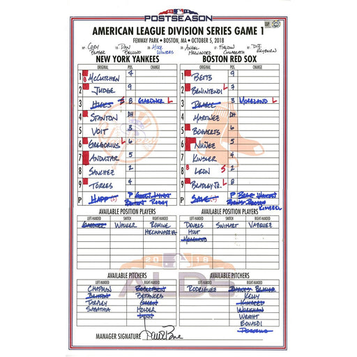 Yankees at Red Sox 10-5-2018 Game Used 2018 American League Division Series Game 1 Lineup Card (JD161294)