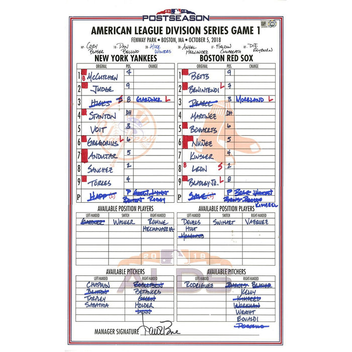 Yankees at Red Sox 10-5-2018 Game Used 2018 American League Division Series Game 1 Lineup Card (JD161294)